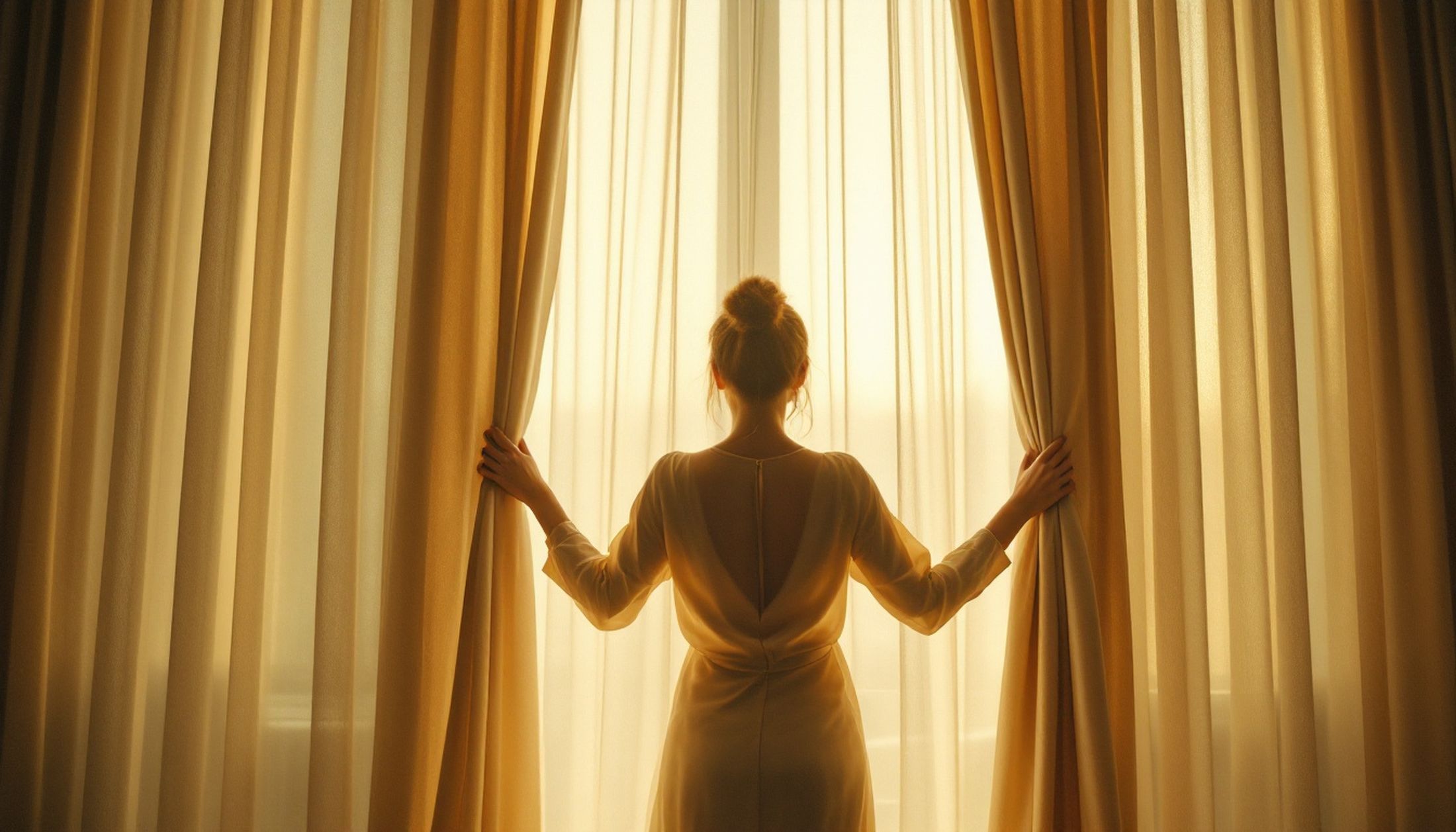 Eine Frau öffnet am Morgen goldene Vorhänge und lässt Licht herein