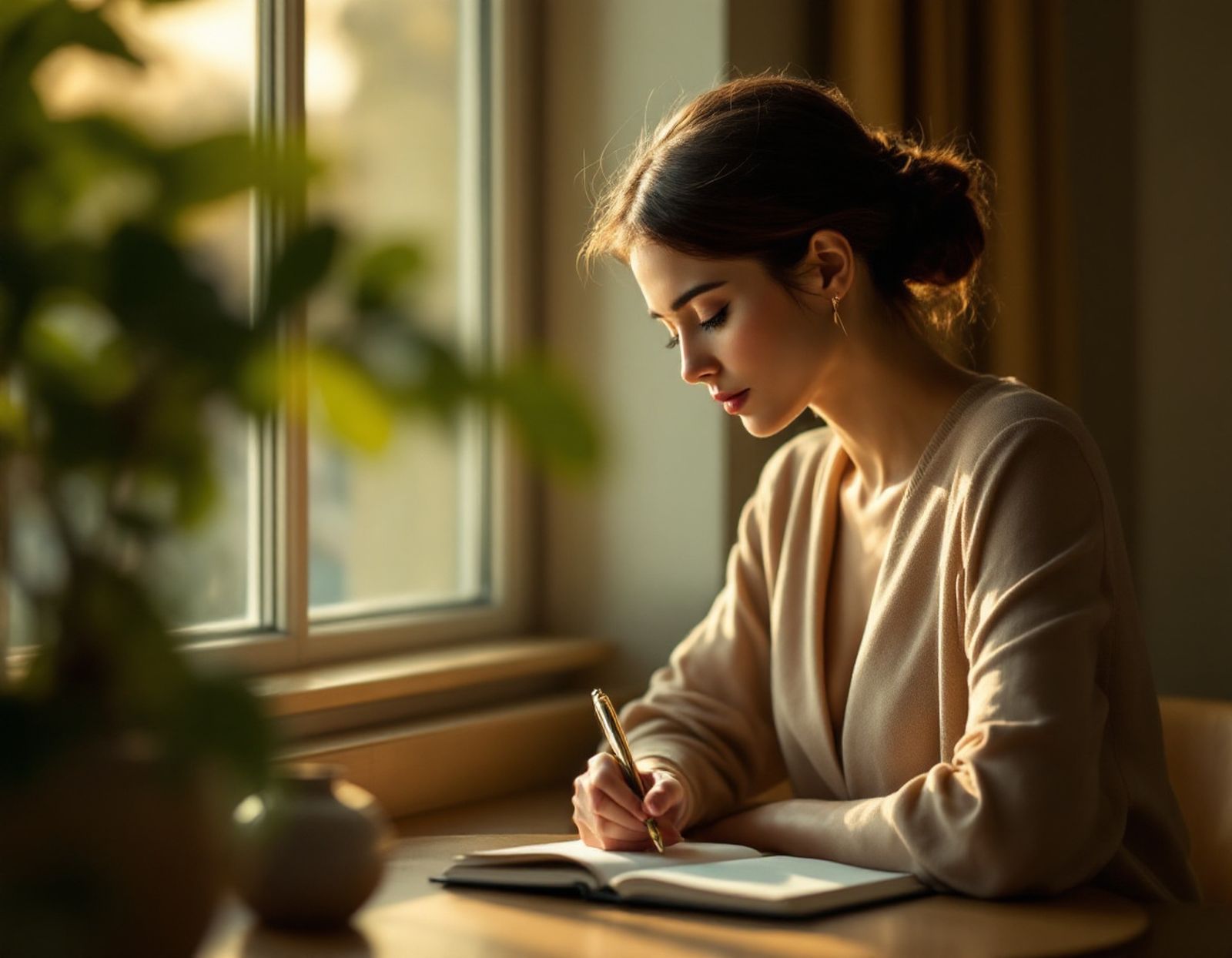 Eine Frau schreibt in ein Notizbuch am Fenster im Morgenlicht