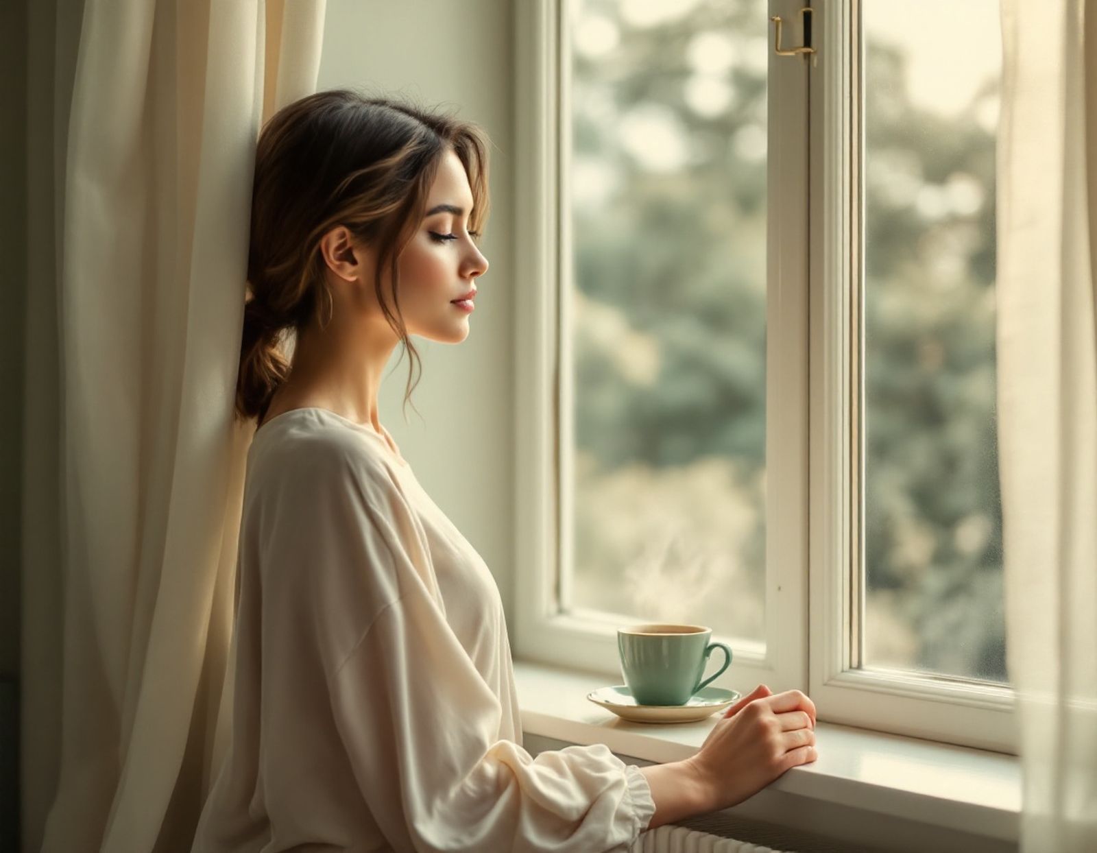 Eine Frau steht ruhig mit einer Tasse Tee am Fenster