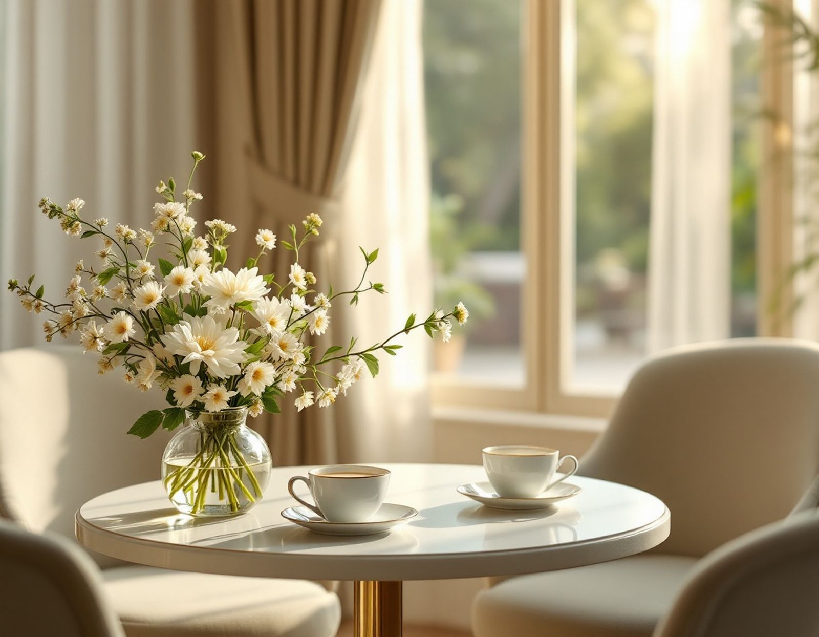 Eleganter heller Salon mit rundem Tisch, Blumen und Kaffeetassen